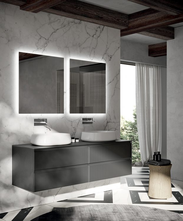 Eden vanity unit, Grigio Medio glass finish, glass top, countertop washbasin, Dal' mirror