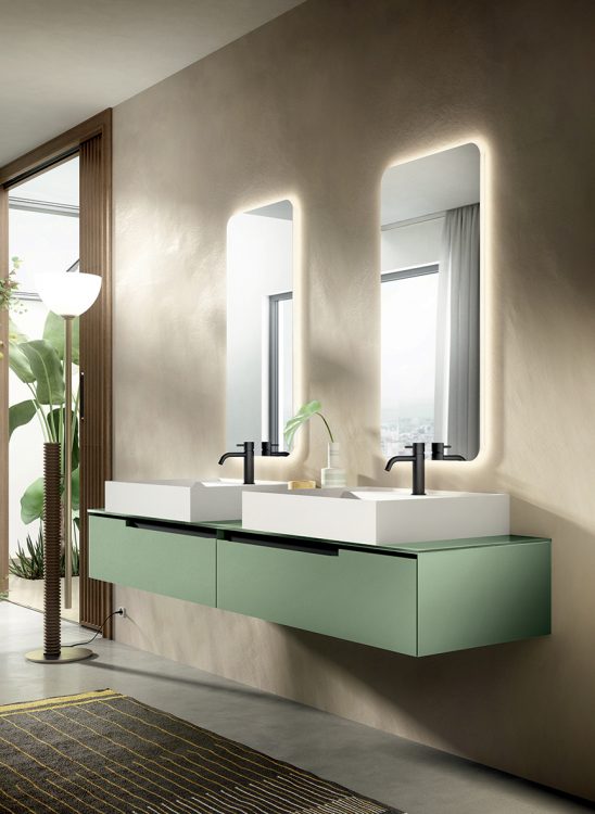 Profilo vanity unit, Salvia finish, glass top with Rebel countertop washbasins, Freud mirror
