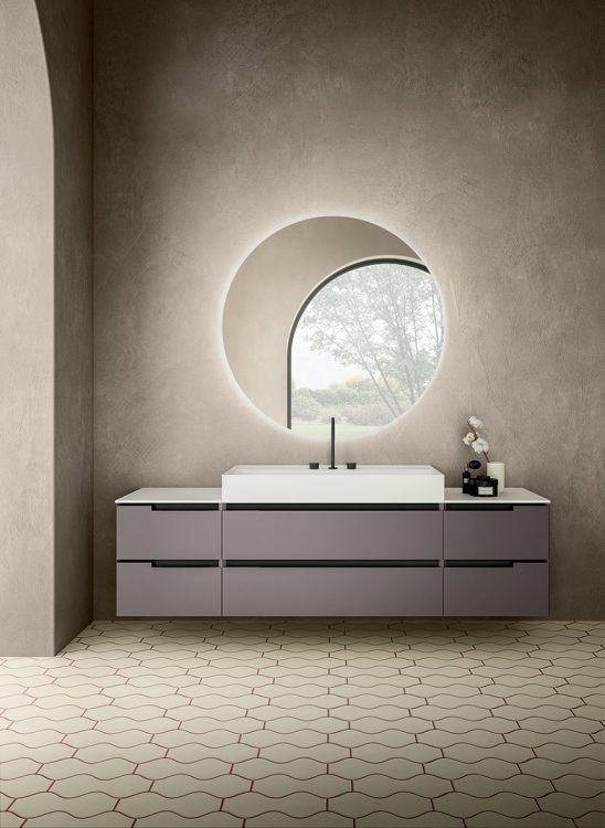 Profilo vanity unit, Cappuccino finish, top in Lightfeel with Rebel countertop washbasin, Joyce mirror