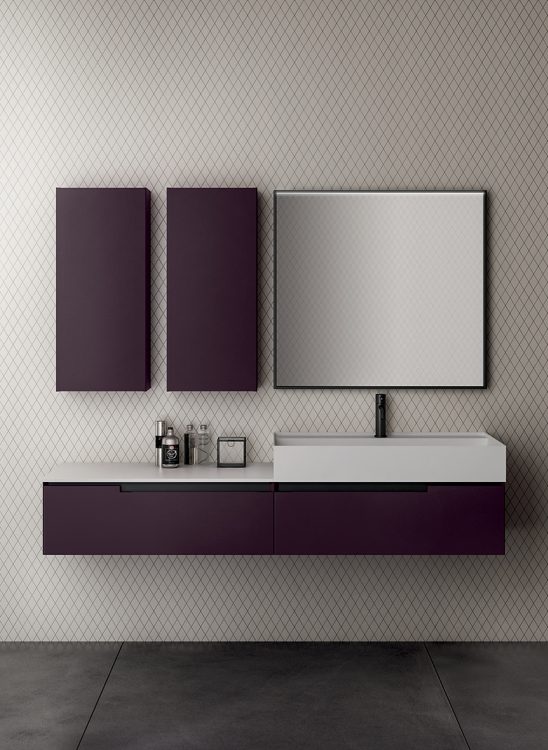 Profilo vanity unit, Prugna finish, top in Lightfeel with Rebel countertop washbasin, Mirò mirror, wall units