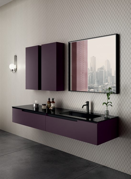 Profilo vanity unit, Prugna finish, Maya integrated glass top, Mirò mirror, wall units