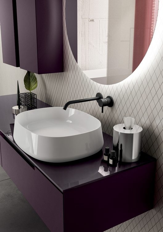 Profilo vanity unit, Prugna finish, glass top with Nola basin, Joyce mirror, wall units