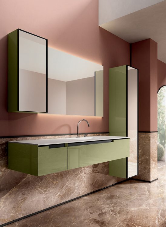 Profilo vanity unit, Mint finish, Edy integrated Geacril washbasin, Dalì Up&Down mirror, tall unit and wall unit