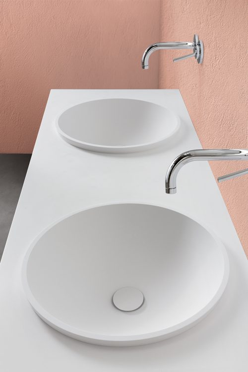Profilo vanity unit, Tortora finish, Lightfeel top with Circle basins, Freud mirror
