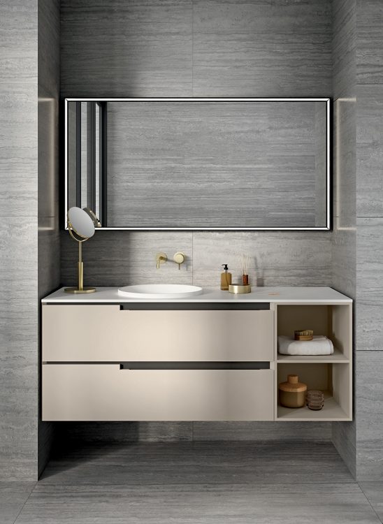 Profilo vanity unit, Lino finish, Lightfeel top with Circle basins, open shelves, Alex mirror