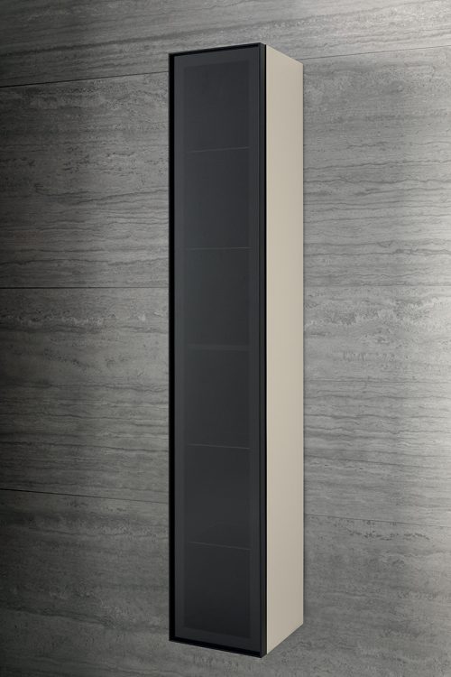 Profilo tall unit with aluminium black frame and door in smoked glass