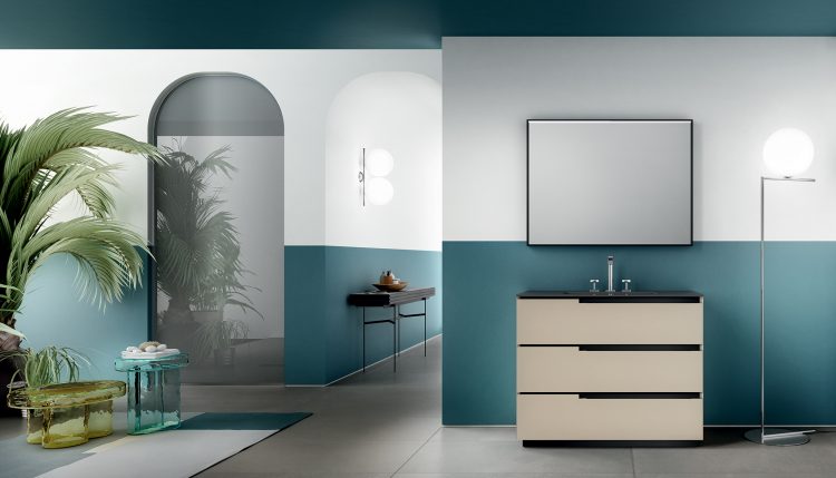 Profilo vanity unit, Lino finish, Maya black integrated glass top, Mirò mirror