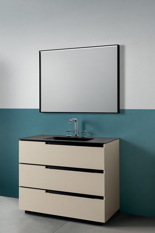 Profilo vanity unit, Lino finish, Maya black integrated glass top, Mirò mirror