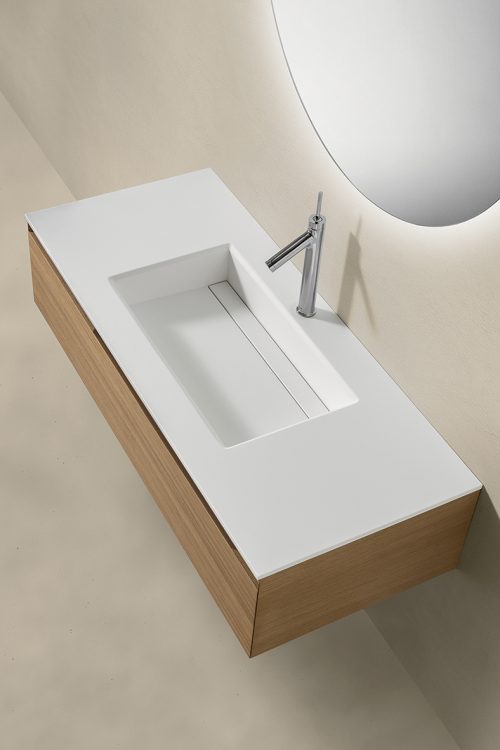 Profilo vanity unit, Sand finish, Cut integrated washbasin, Joyce mirror