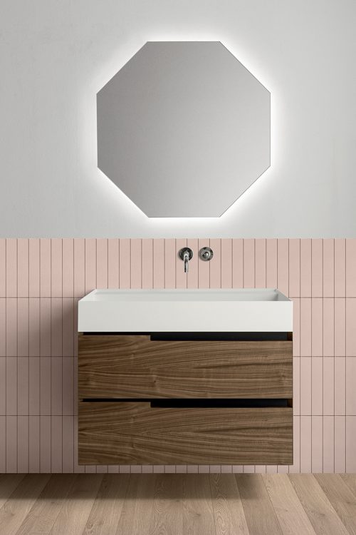 Profilo vanity unit, Walnut finish, Rebel countertop washbasin, Jung mirror