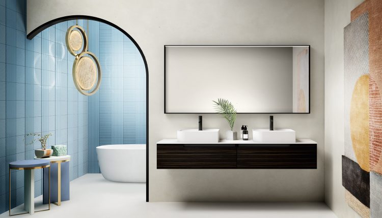 Profilo vanity unit, Ammara Ebony finish, Lightfeel top with Leaf countertop washbasins, Alex mirror
