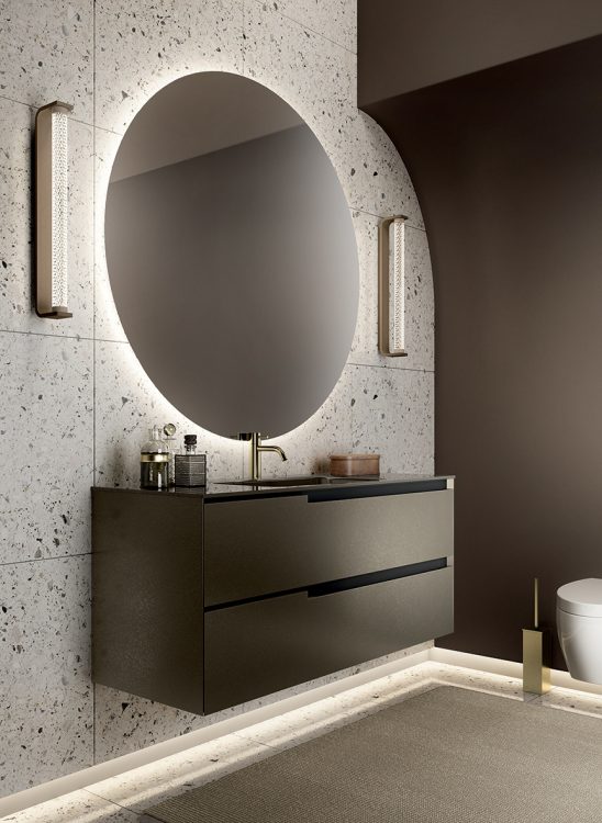Profilo vanity unit, Gianduia finish, Maya integrated glass top, Joyce mirror