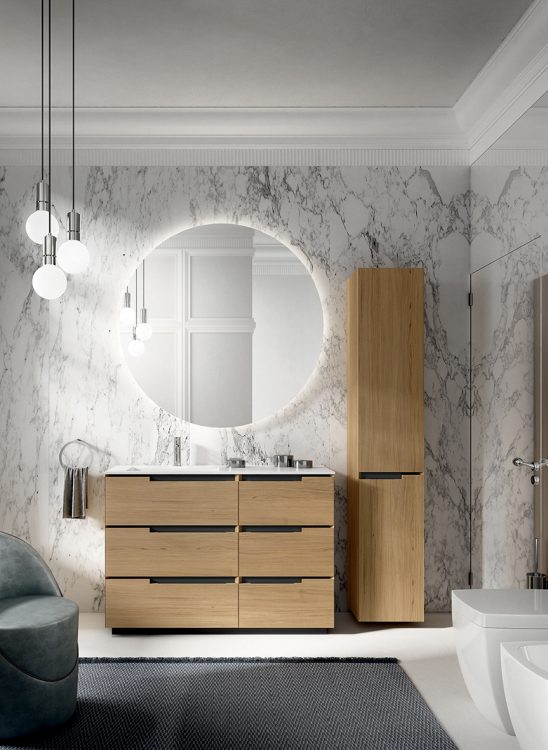 Profilo vanity unit, Sand finish, Cut integrated washbasin, Joyce mirror, tall unit