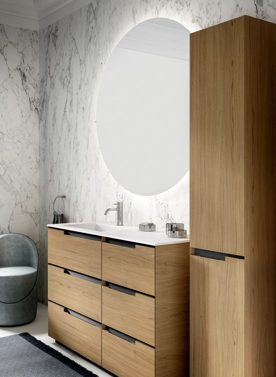 Profilo vanity unit, Sand finish, Cut integrated washbasin, Joyce mirror, tall unit