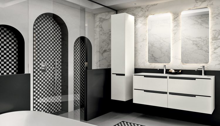 Profilo vanity unit, Bianco finish, Tray integrated washbasin, Freud mirror, tall unit