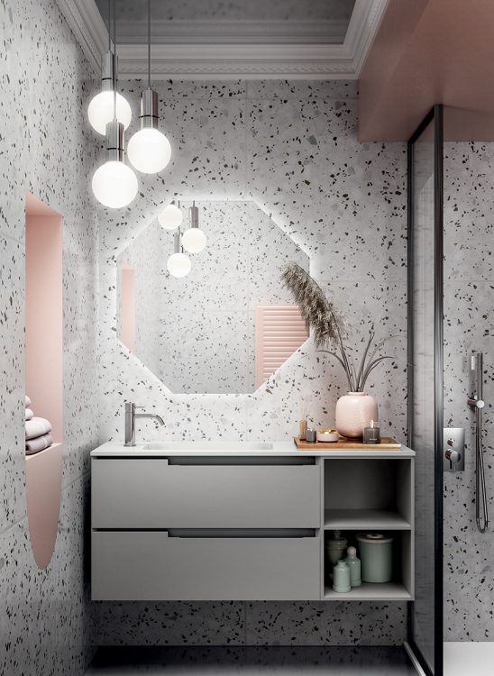 Profilo vanity unit, Cemento finish, Roy integrated washbasin, Jung mirror