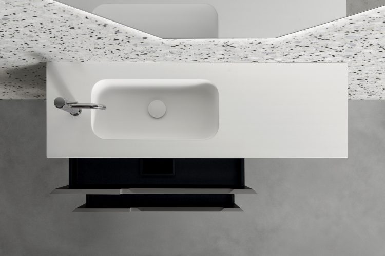 Profilo vanity unit, Cemento finish, Roy integrated washbasin, Jung mirror