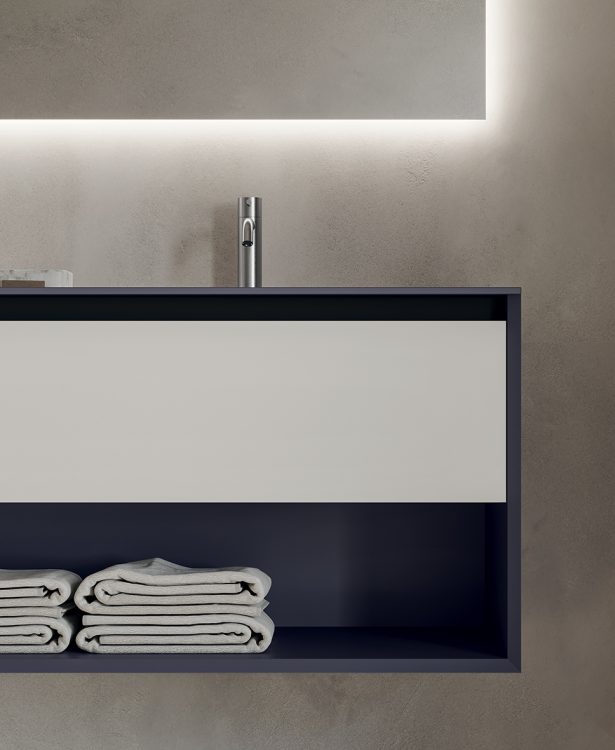 Smartcode vanity unit, Viola/Pearl finishes, integrated glass top, Dalì Full mirror