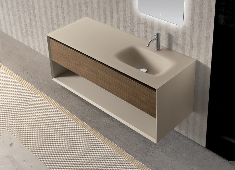 Smartcode vanity unit, Lino/Acorn finishes, integrated glass top, Freud mirror