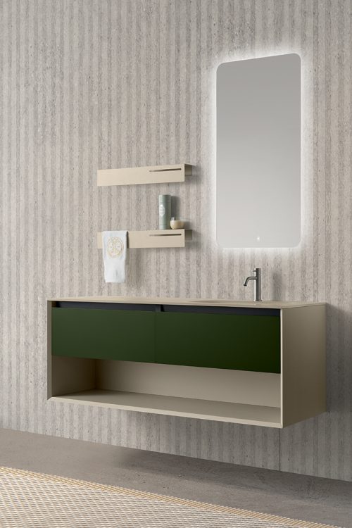Smartcode vanity unit, Lino/Forest finishes, integrated glass top, Freud mirror