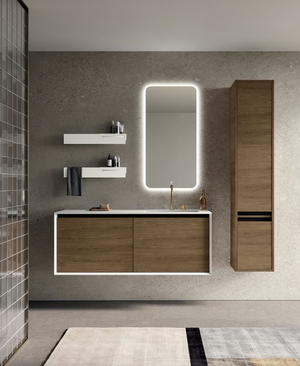 Smartcode vanity unit, Bianco/Acorn finishes, top in Purefeel with Nick integrated washbasin, Freud mirror