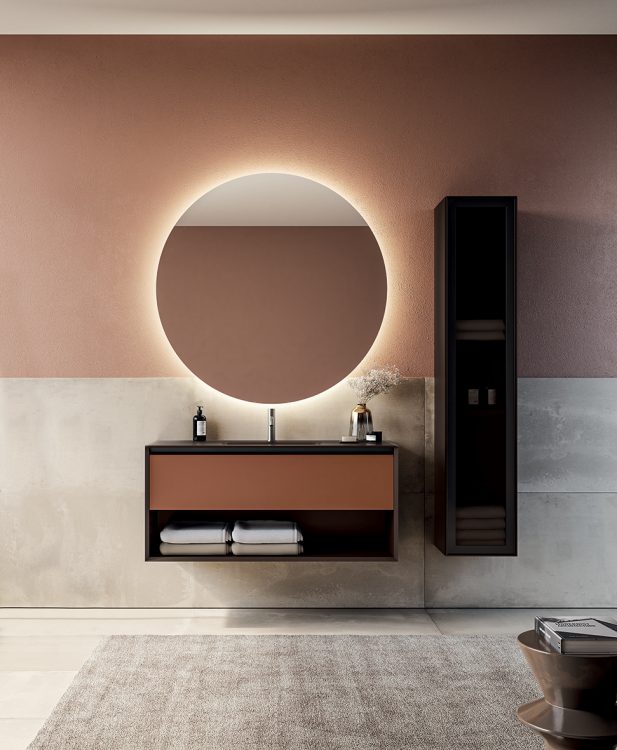 Smartcode vanity unit, Brown/Clay finishes, integrated glass top, Joyce mirror