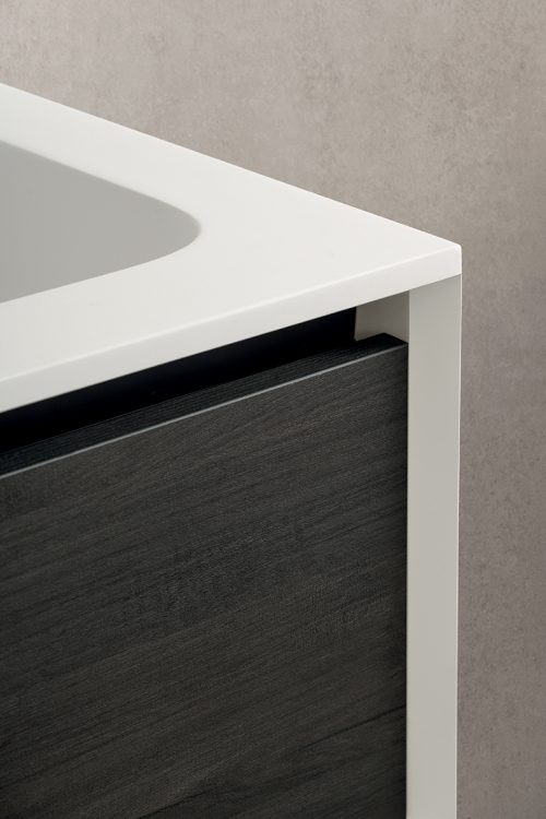 Smartcode vanity unit, Bianco/Lava Oak finishes, top in resin with Karl integrated washbasins