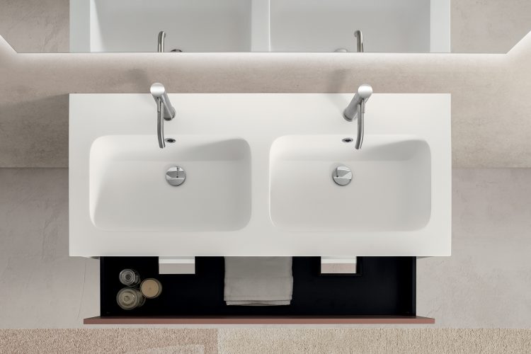 Smartcode vanity unit, Bianco/Marsala finishes, top in resin with Karl integrated washbasins