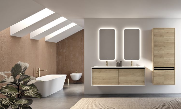 Smartcode vanity unit, Bianco/Natural Oak finishes, top in resin with Karl integrated washbasin, Freud mirrors