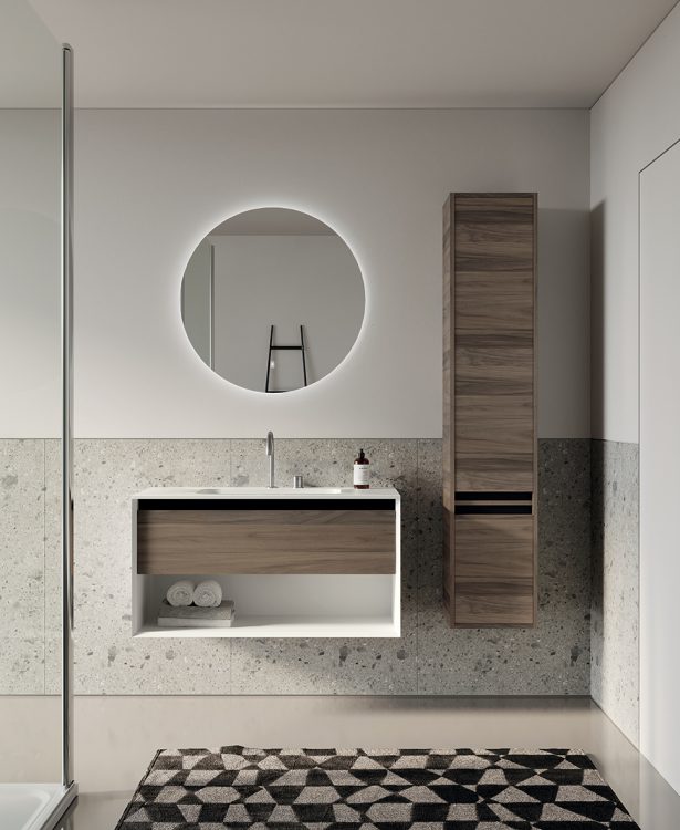 Smartcode vanity unit, Bianco/Ash Oak finishes, top in resin with Karl integrated washbasin, Joyce mirror