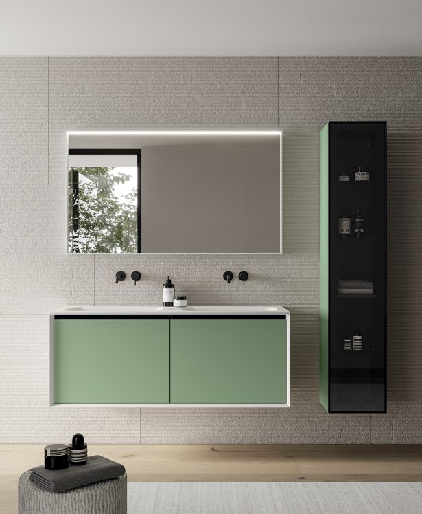 Smartcode vanity unit, Bianco/Salvia finishes, top in resin with Karl integrated washbasin, Mirò mirror