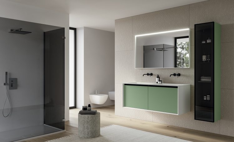Smartcode vanity unit, Bianco/Salvia finishes, top in resin with Karl integrated washbasin, Mirò mirror