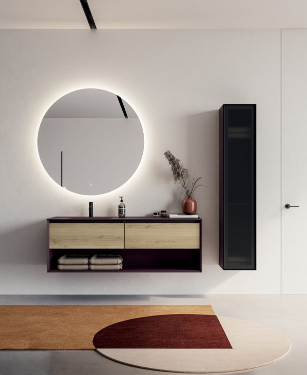 Smartcode vanity unit, Prugna/Natural Oak finishes, integrated glass top, Joyce mirror