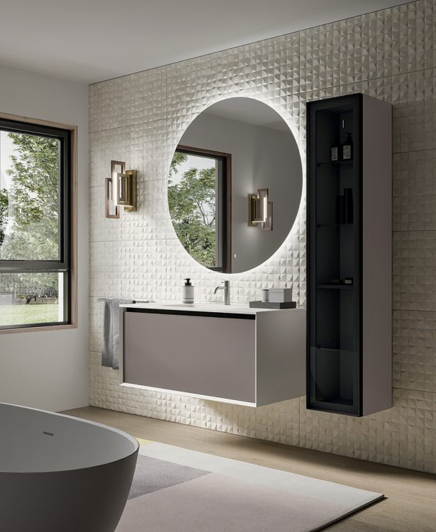 Smartcode vanity unit, Bianco/Cappuccino finishes, top in resin with Karl integrated washbasin, Joyce mirror
