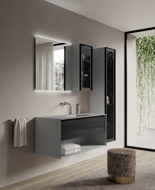 Smartcode vanity unit, Cemento/Lava Oak finishes, integrated glass top, Dalì Up&Down mirror