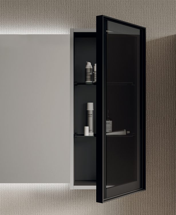 Smartcode vanity unit, Cemento/Lava Oak finishes, integrated glass top, Dalì Up&Down mirror