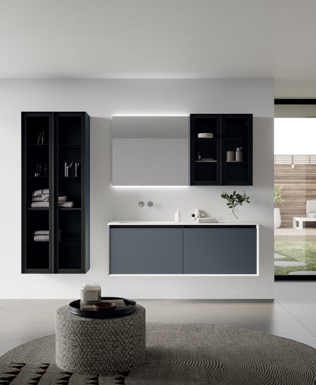 Smartcode vanity unit, Bianco/Smoke finishes, top in Purefeel with Nick integrated washbasin, Dalì Up&Down mirror