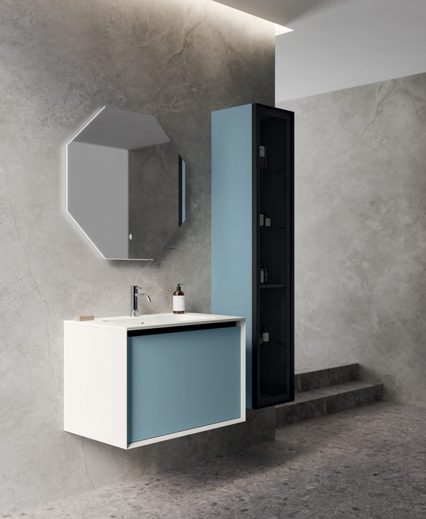 Smartcode vanity unit, Bianco/Lagoon finishes, top in resin with Karl integrated washbasin, Jung mirror