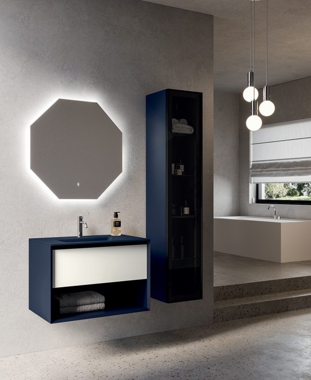Smartcode vanity unit, Navy/Bianco finishes, integrated glass top, Jung mirror