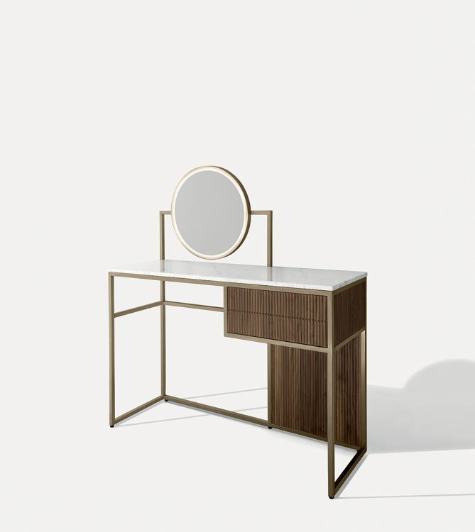 Academy dressing table in Walnut finish, bronze metal base and Bianco Statuario marble top