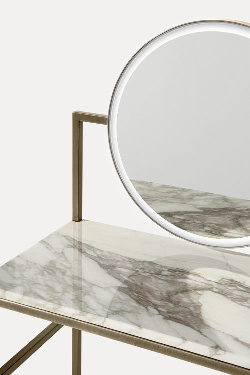 Academy dressing table in Tortora finish, bronze metal base and Calacatta Oro marble top