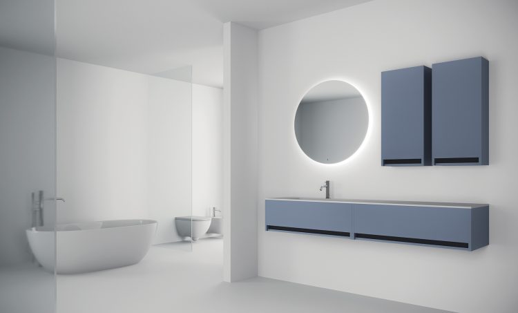 Logik vanity unit, Sky finish, top in Purefeel with Nick integrated washbasin, Joyce mirror, Sirio bathtub