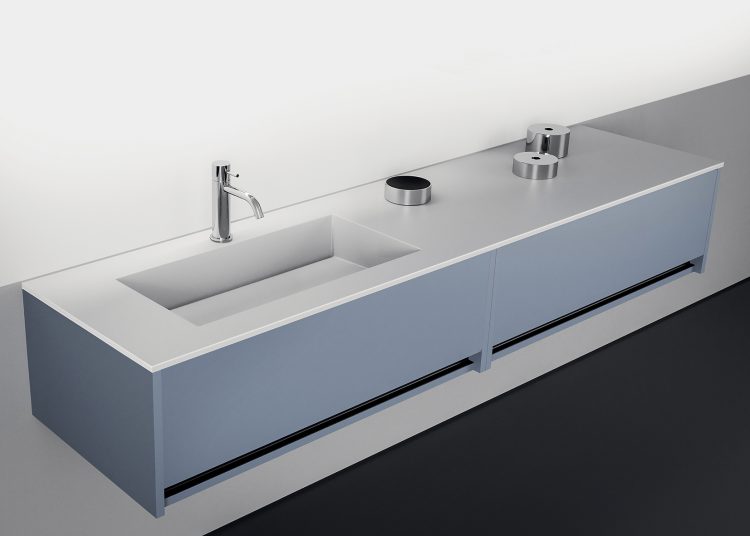 Logik vanity unit, Sky finish, top in Purefeel with Nick integrated washbasin, Joyce mirror, Sirio bathtub