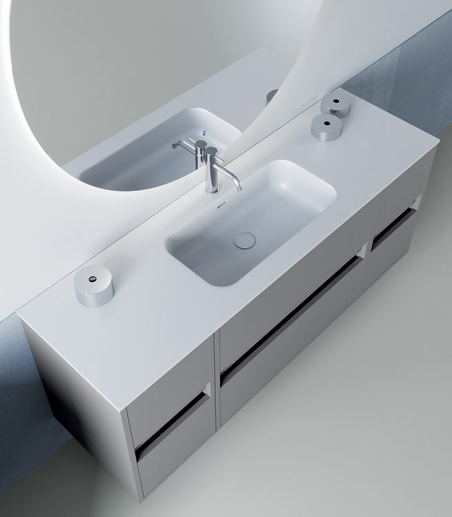 Logik vanity unit, Iron Grey finish, top in Purefeel with Edy integrated washbasin, Joyce mirror