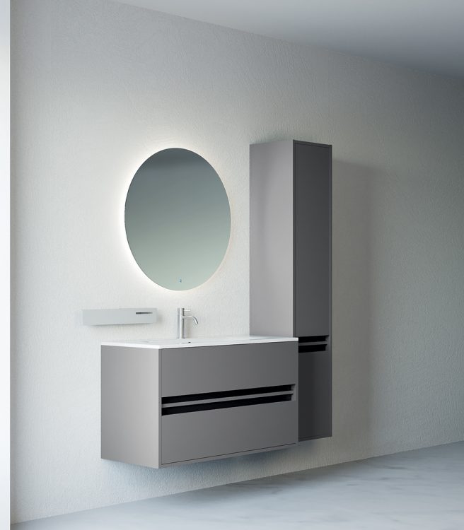 Logik vanity unit, Iron Grey finish, top in ceramic with Frank integrated washbasin, Joyce mirror, metal shelf