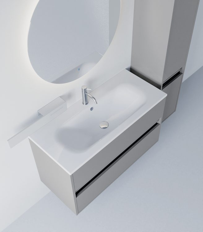 Logik vanity unit, Iron Grey finish, top in ceramic with Frank integrated washbasin, Joyce mirror, metal shelf