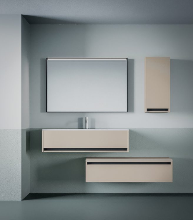 Logik vanity unit, Corda finish, top in resin with Karl integrated washbasin, Mirò mirror, wall unit