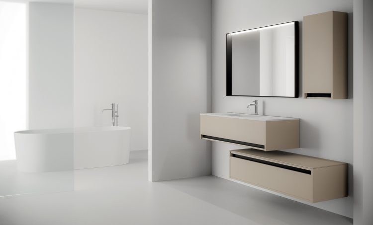 Logik vanity unit, Corda finish, top in resin with Karl integrated washbasin, Mirò mirror, Mizar bathtub