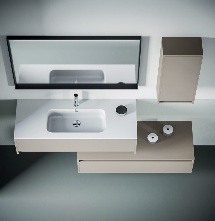 Logik vanity unit, Corda finish, top in resin with Karl integrated washbasin, Mirò mirror