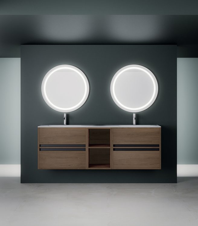 Logik vanity unit, Acorn finish, top in Purefeel with Cut integrated washbasin, Denis mirror
